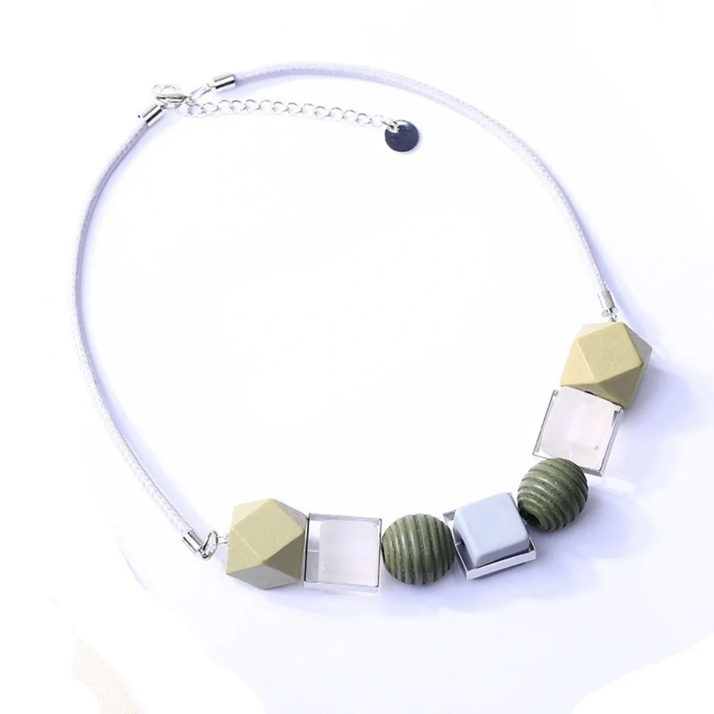 *ALCIE* Green Geometric Wood Beaded Necklace